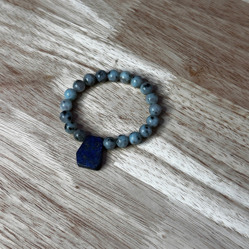 Jasper and Lapis Lazuli Beaded Stretch‎ Bracelet Blue Grey Natural Stone